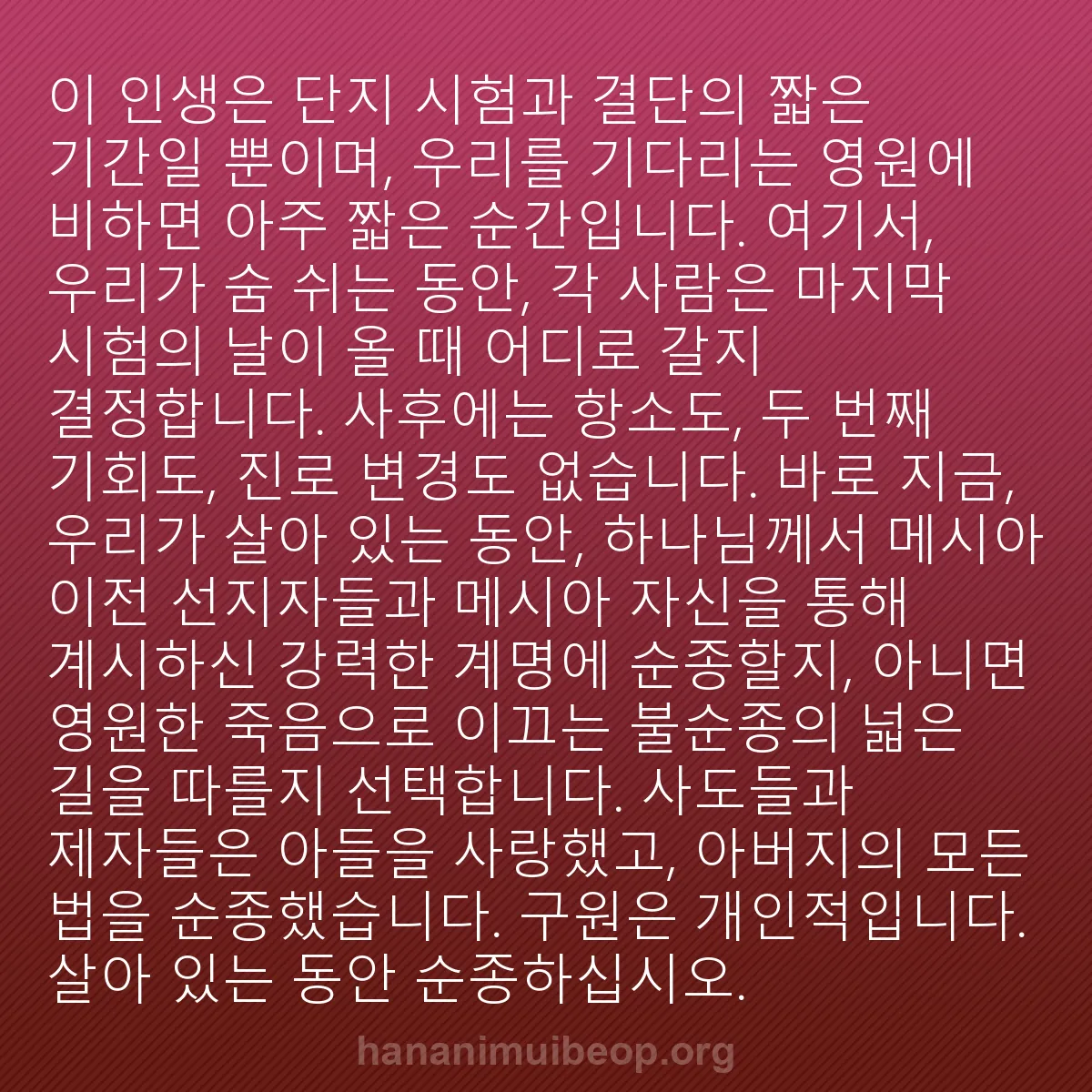 b0079 - 하나님의 법에 관한 게시물: 이 인생은 단지 시험과 결단의 짧은 기간일 뿐이며, 우리를 기다리는 영원에 비하면...