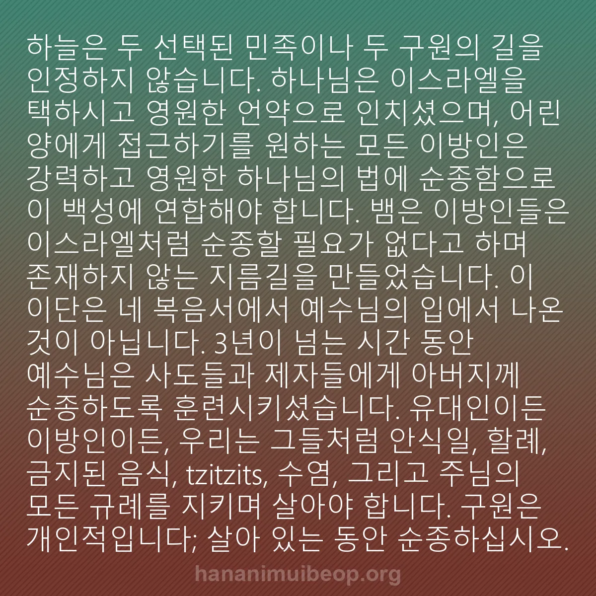 b0133 - 하나님의 법에 관한 게시물: 하늘은 두 선택된 민족이나 두 구원의 길을 인정하지 않습니다. 하나님은 이스라엘을...