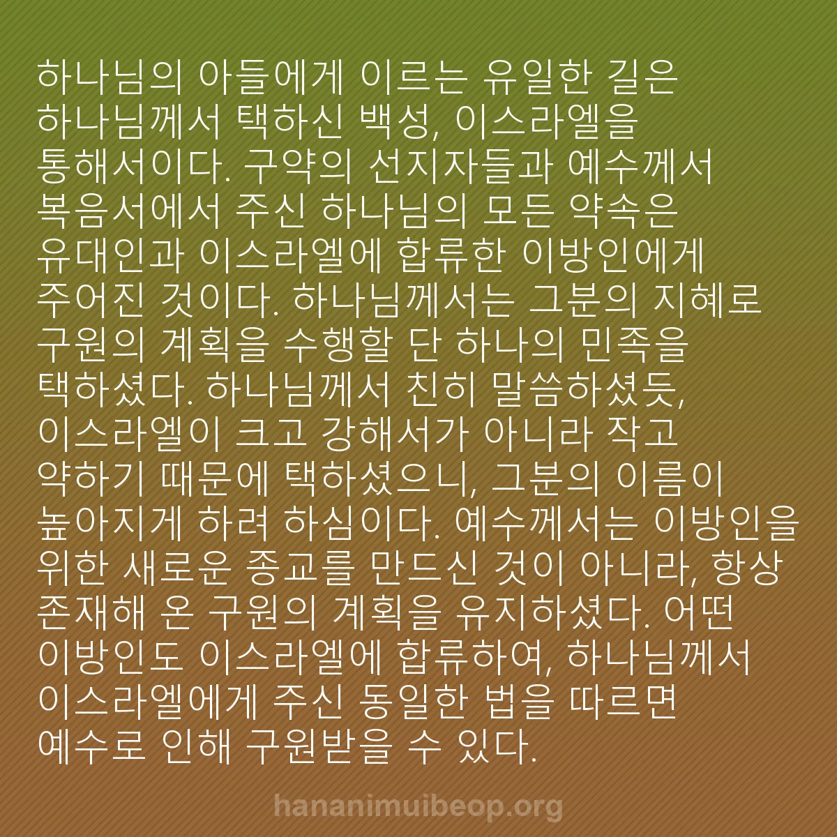 b0269 - 하나님의 법에 관한 게시물: 하나님의 아들에게 이르는 유일한 길은 하나님께서 택하신 백성, 이스라엘을 통해서이다....